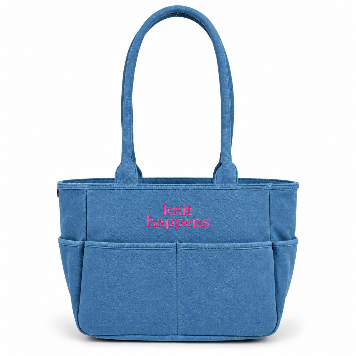 Knit Happens Light Denim TIMI Tote – Pink Embroidery