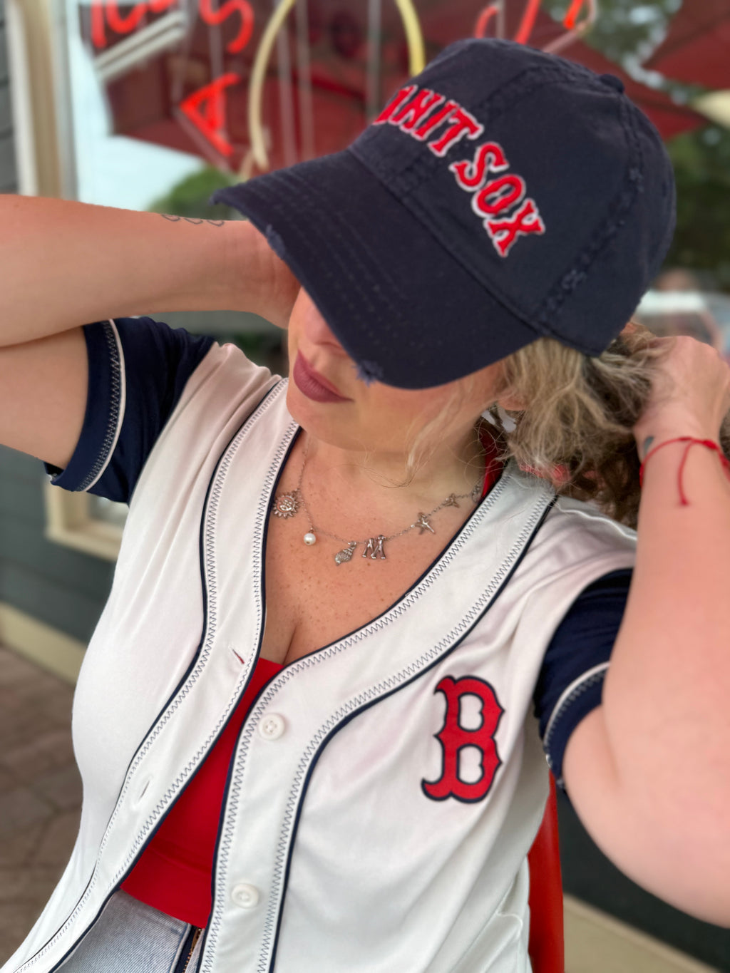 Knit Sox – Navy Distressed Hat – Red Puff + White Embroidery | Maker Favorite