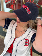 Knit Sox – Navy Distressed Hat – Red Puff + White Embroidery | Maker Favorite