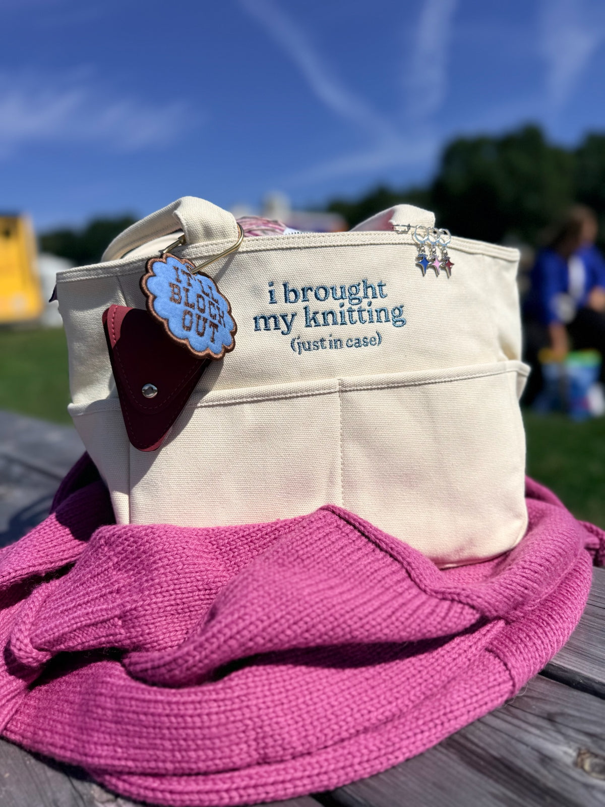 I Brought My Knitting Natural Canvas TIMI Tote™ – Slate Blue Embroidery