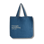 Blue tote bag with text on a white background