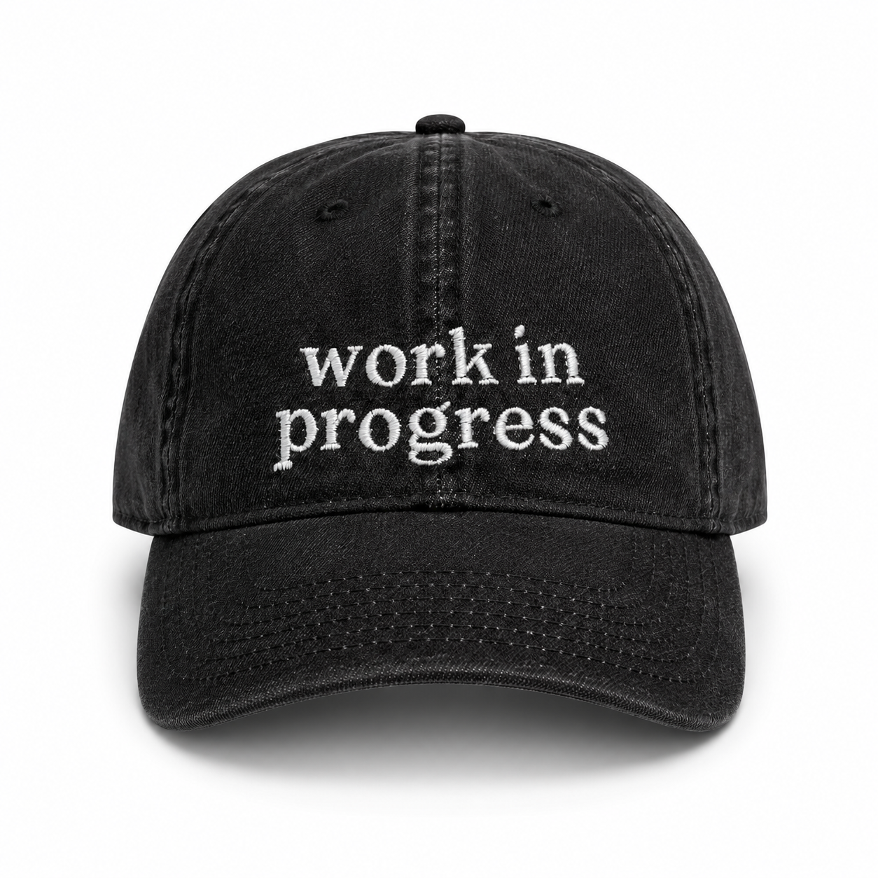 Black cap with 'work in progress' text on a white background