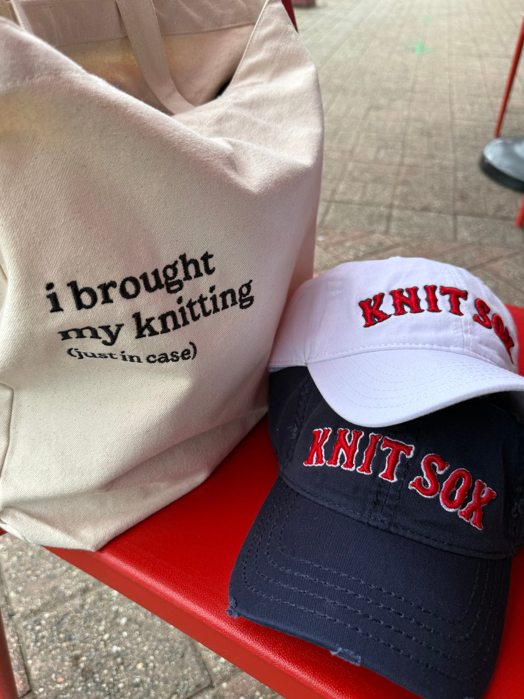 Knit Sox – White Dad Hat – Red Puff + Navy Embroidery | Maker Favorite