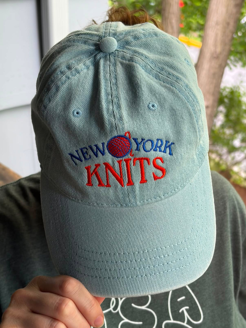 New York Knits – Light Wash Denim Hat – Blue + Orange Embroidery | Maker Favorite