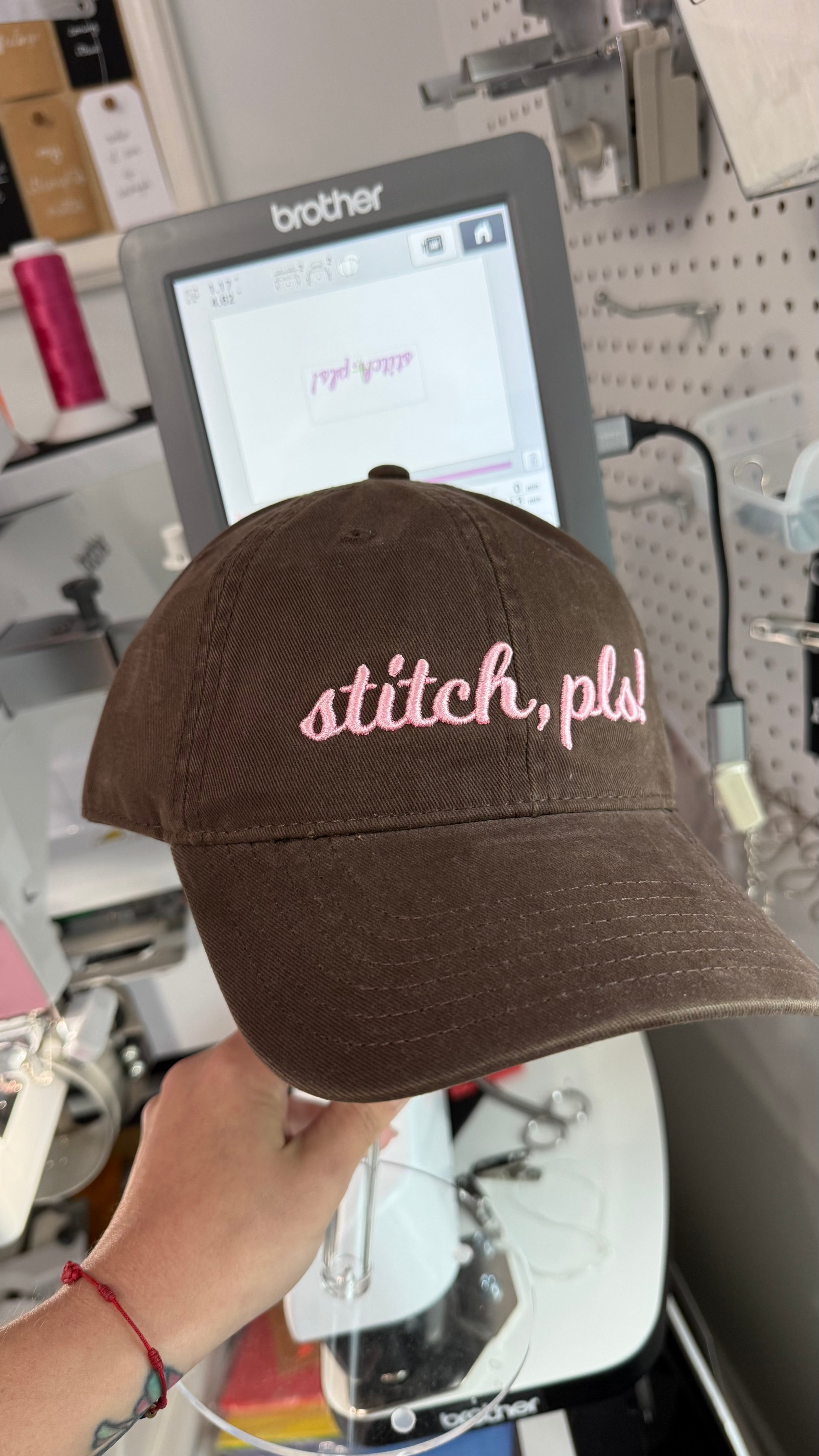 Stitch, Pls! – Dark Brown Dad Hat – Pale Pink 3D Puff Embroidery | Maker Favorite