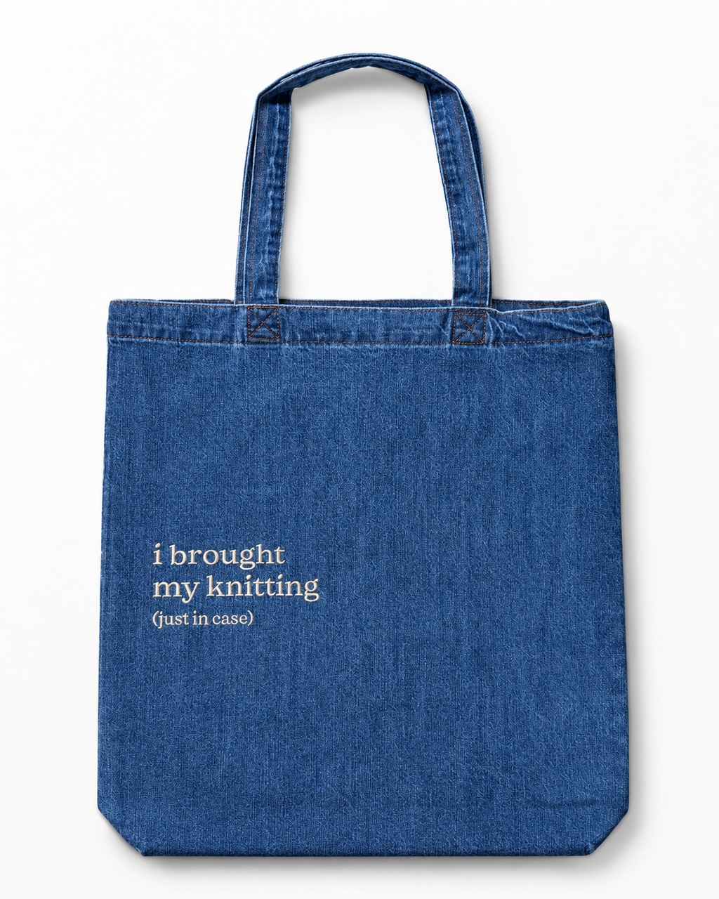 Make(r) Your Own | Medium Denim Tote Bag | Embroidered Knitting Project Tote