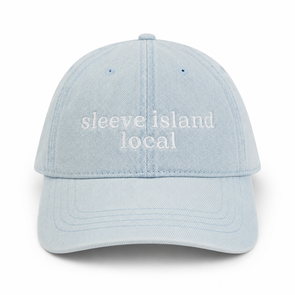 Light blue cap with 'sleeve island local' text on a white background