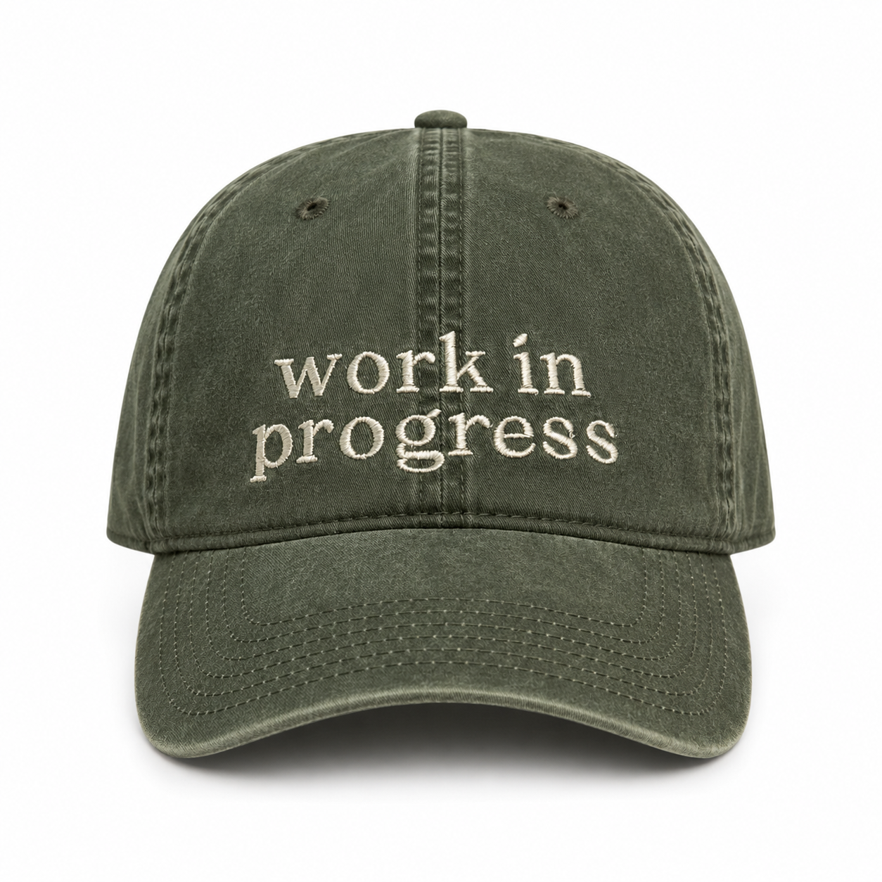 Green cap with 'work in progress' text on a white background