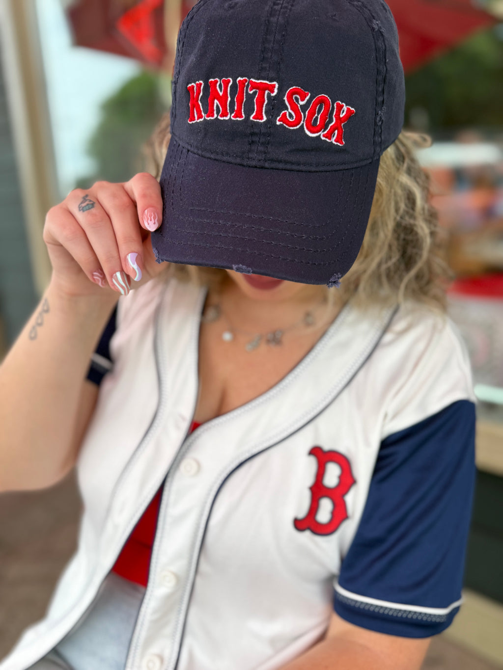 Knit Sox – Navy Distressed Hat – Red Puff + White Embroidery | Maker Favorite