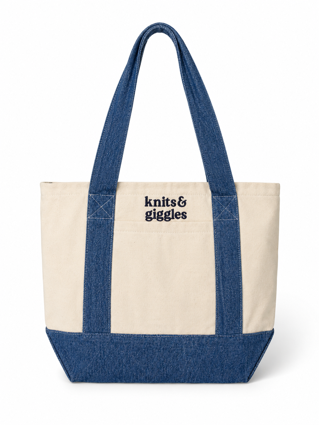 Knits & Giggles – Mini Denim/Natural Pocket Tote – Navy Embroidery | Maker Favorite