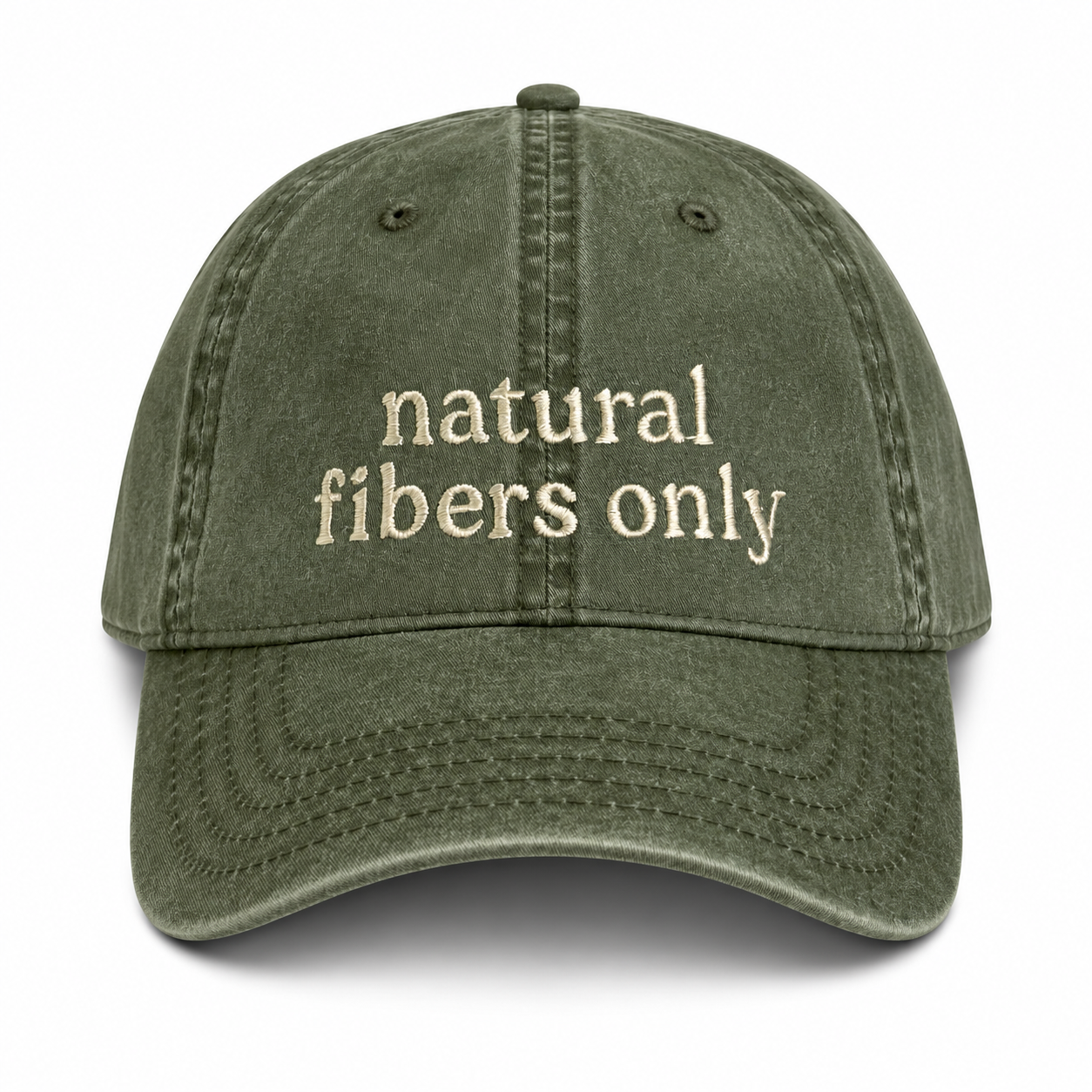 Green cap with 'natural fibers only' text on a white background