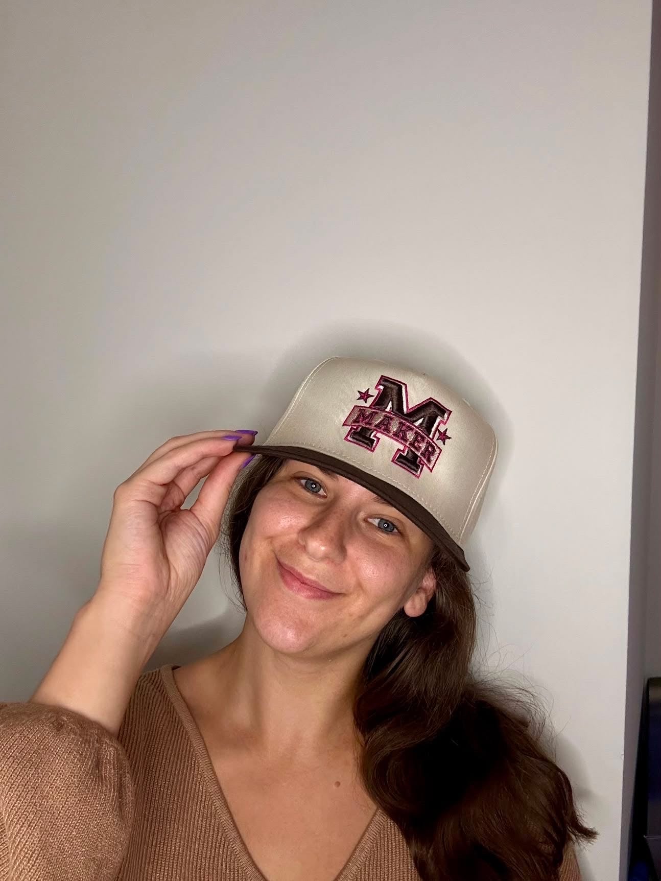 Maker – Cream/Brown Structured Hat – Brown + Dark Pink 3D Puff Embroidery | Maker Favorite