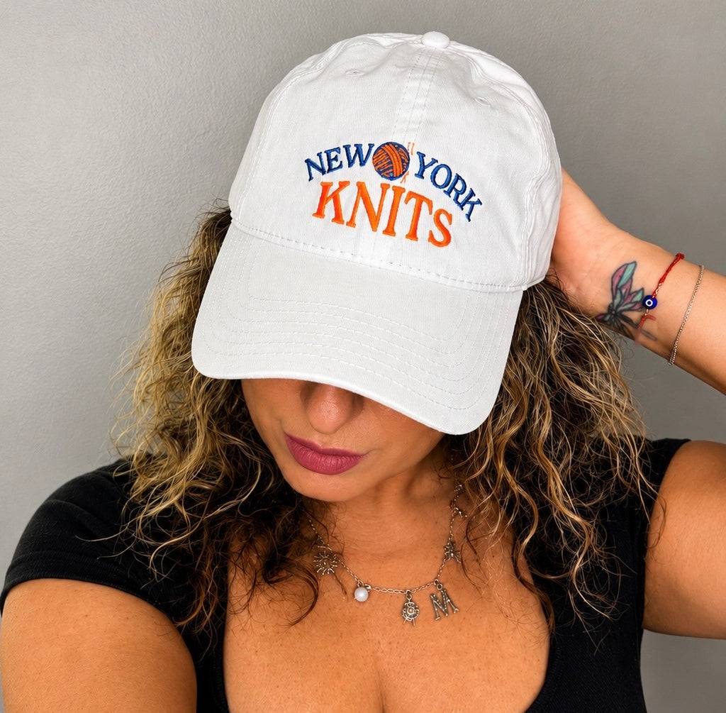New York Knits – White Cotton Dad Hat – Blue + Orange Embroidery