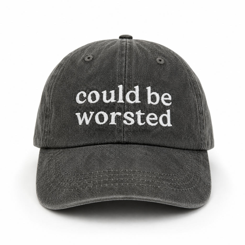 Black cap with 'could be worsted' text on a white background