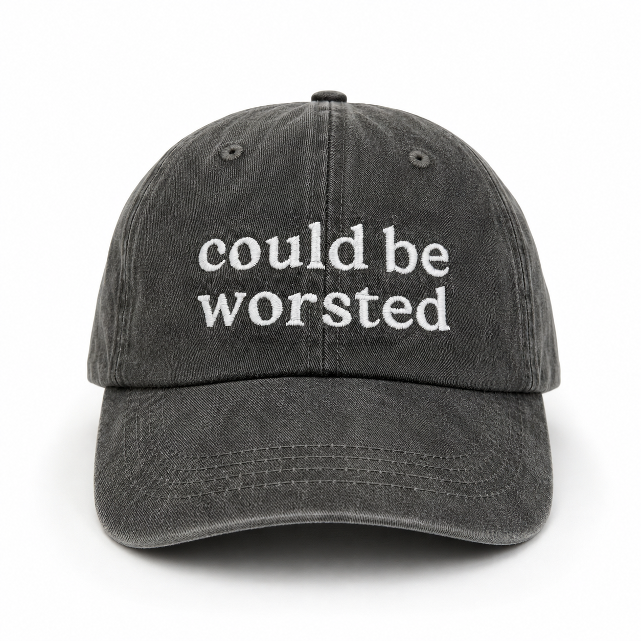 Black cap with 'could be worsted' text on a white background