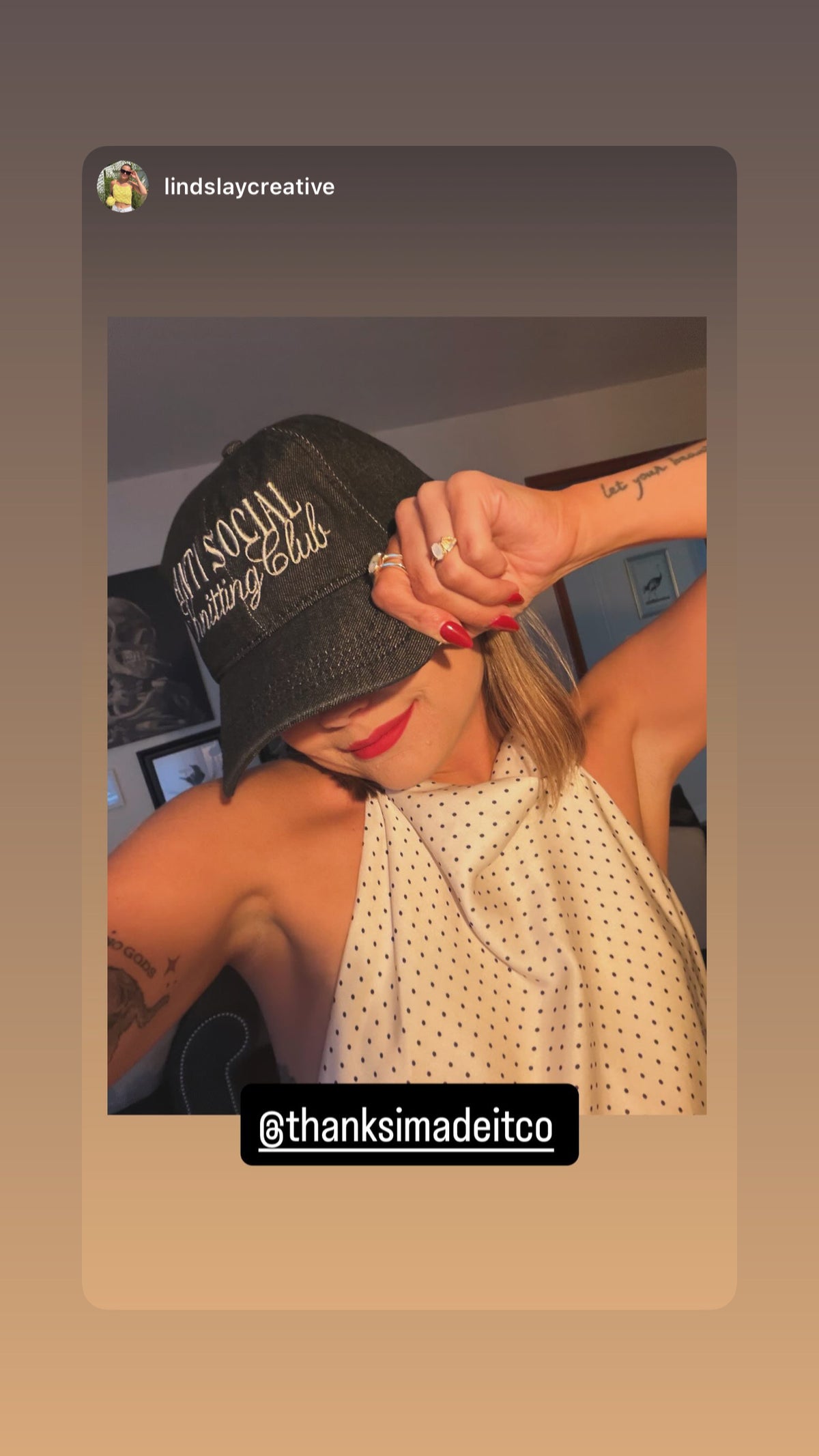 Anti Social Knitting Club – Black Denim Hat – Taupe Embroidery