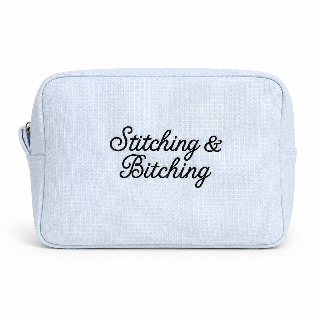 Stitching & Bitching – Baby Blue Waffle Project Pouch – Black Embroidery | Maker Favorite