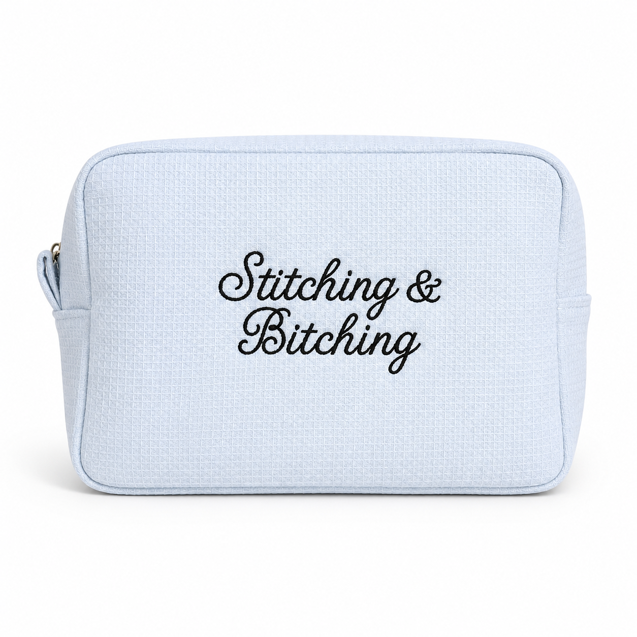 Stitching & Bitching – Baby Blue Waffle Project Pouch – Black Embroidery | Maker Favorite