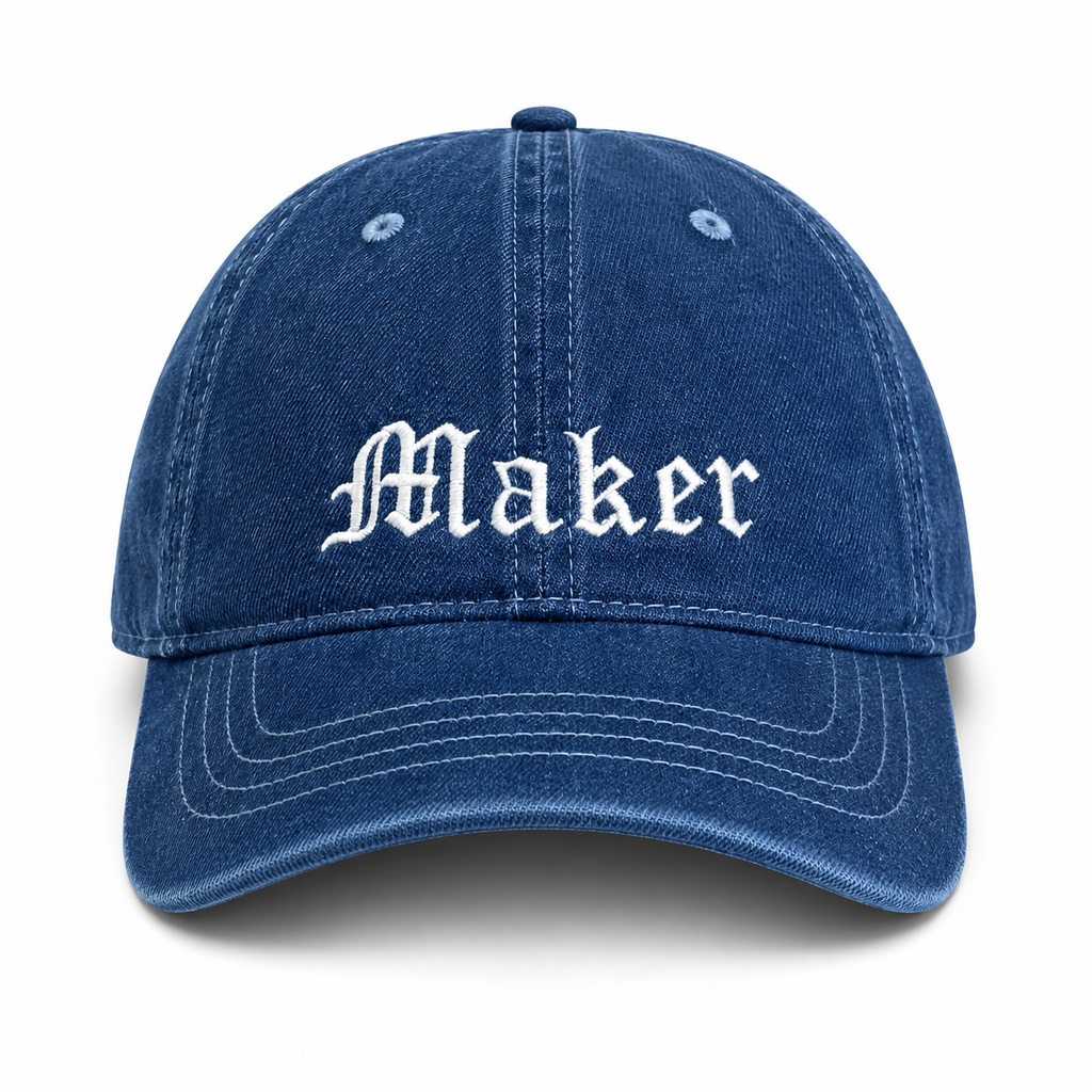 Blue cap with 'Maker' text on a white background
