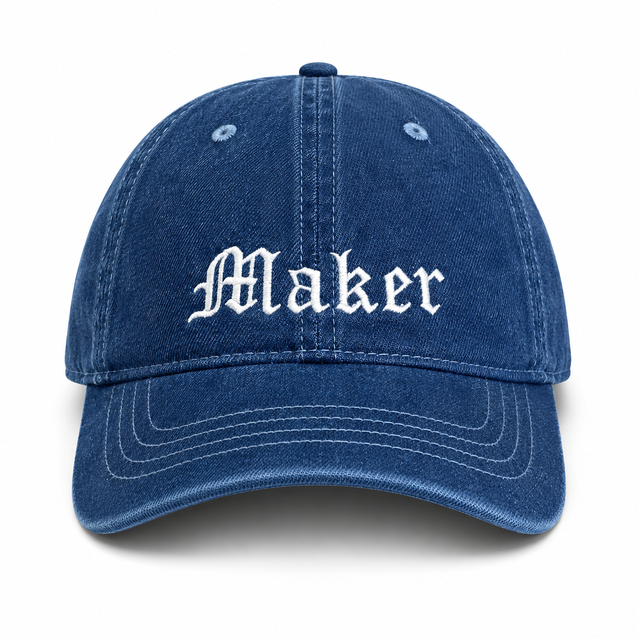 Blue cap with 'Maker' text on a white background