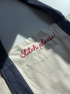 Stitch, Please! Dark Denim + Natural Canvas XL Pocket Tote – Dark Red Embroidery