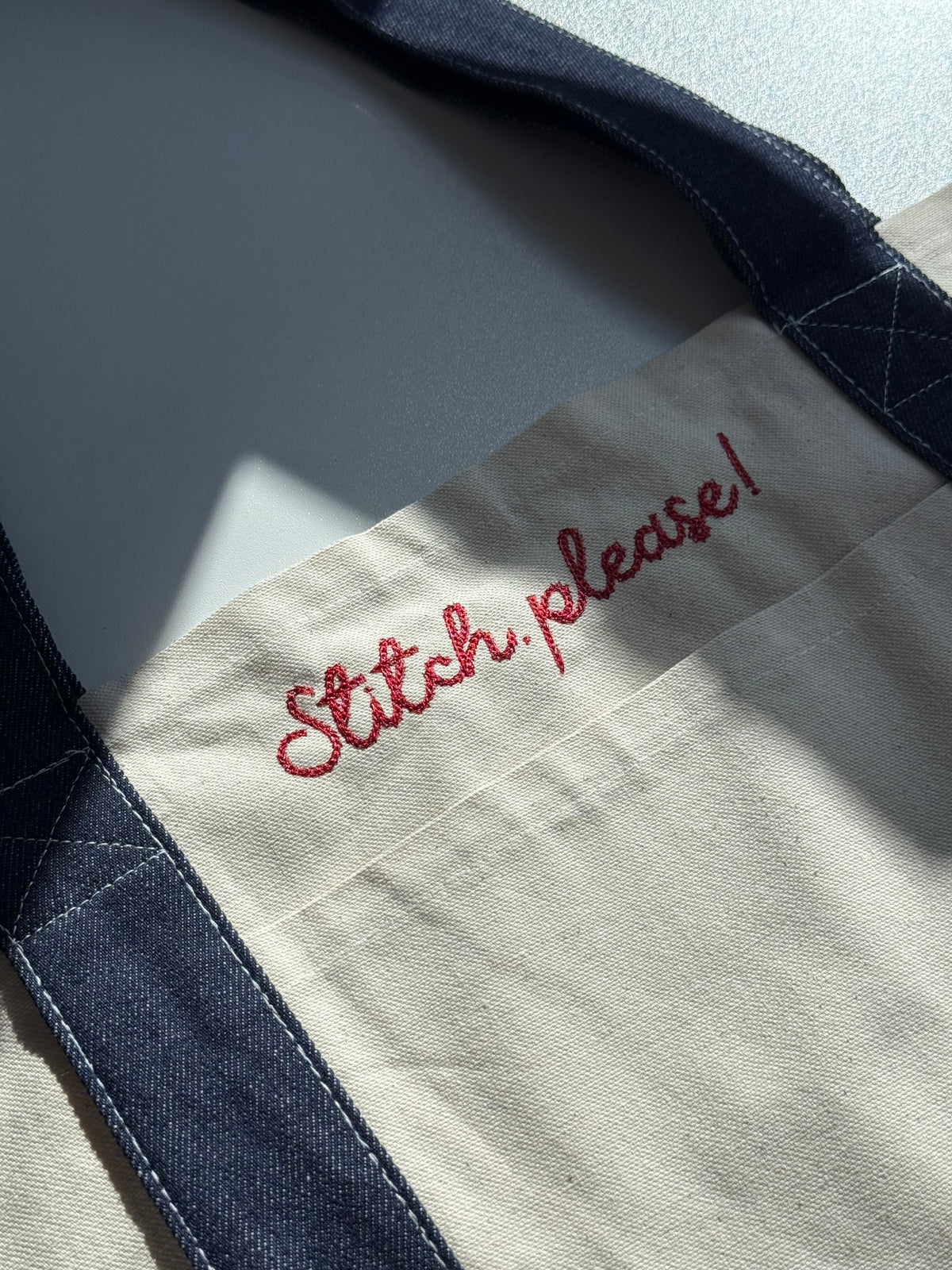 Stitch, Please! Dark Denim + Natural Canvas XL Pocket Tote – Dark Red Embroidery