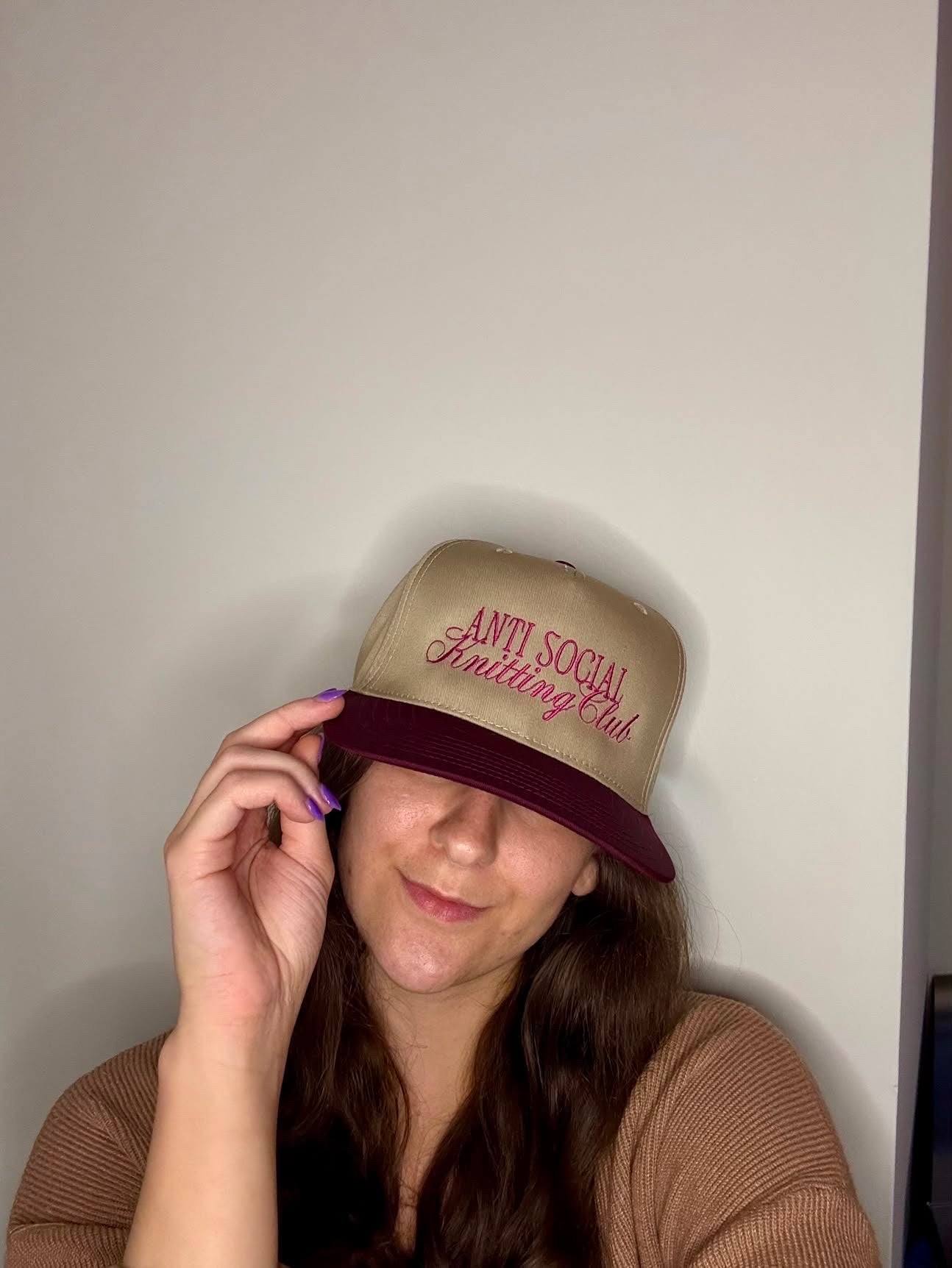 Anti Social Knitting Club – Khaki/Burgundy Structured Hat – Dark Pink Embroidery | Maker Favorite