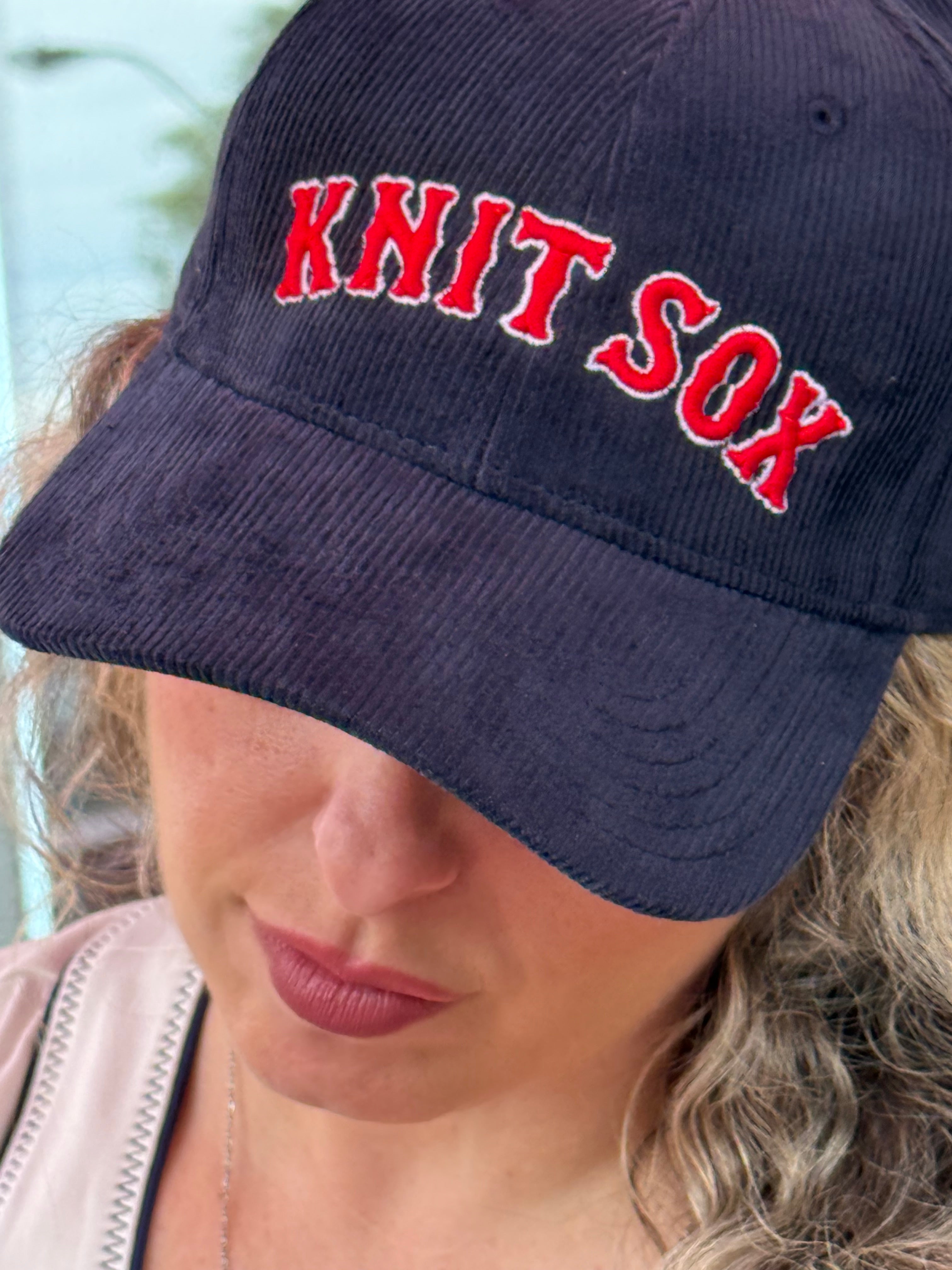 Knit Sox – Navy Corduroy Hat – Red + White Puff Embroidery | Maker Favorite