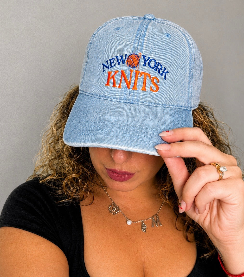New York Knits – Light Wash Denim Hat – Blue + Orange Embroidery