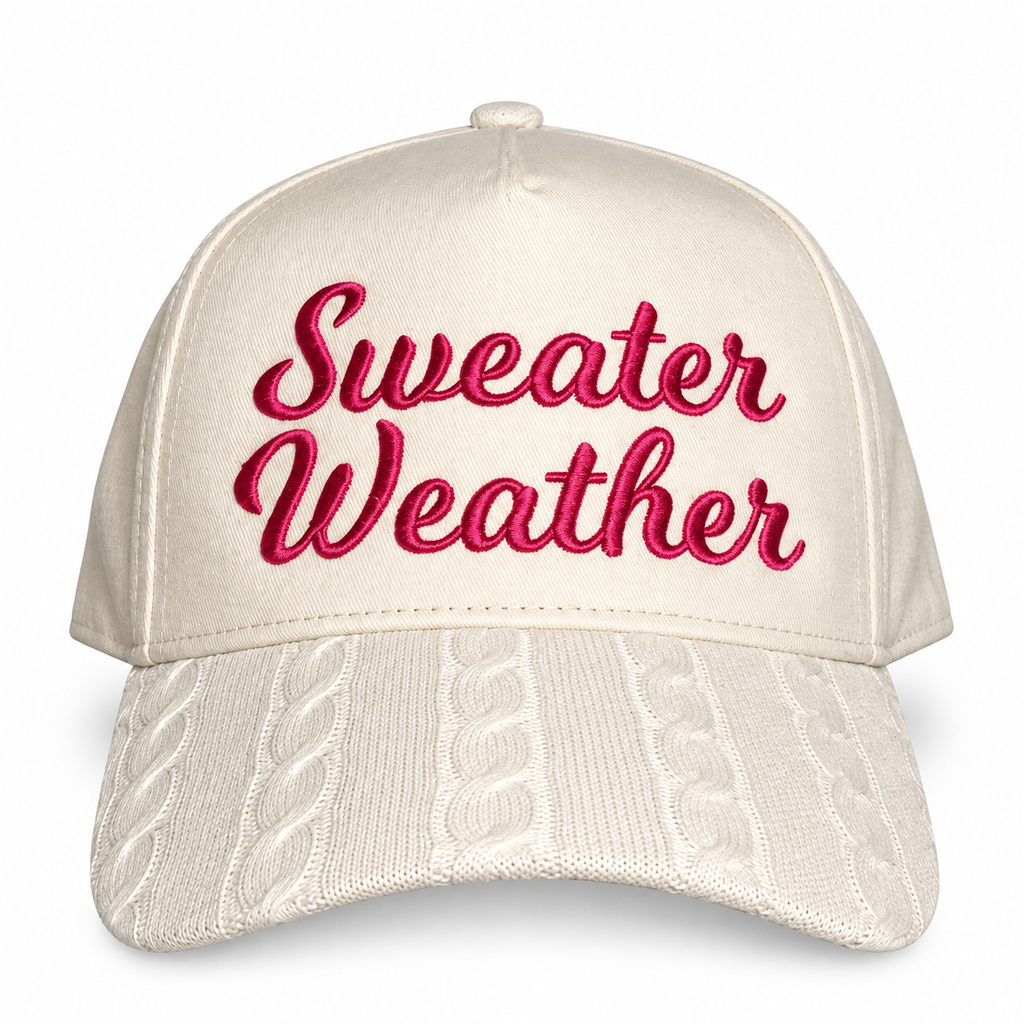 Sweater Weather Cream Sweater Hat – Pink 3D Puff Embroidery