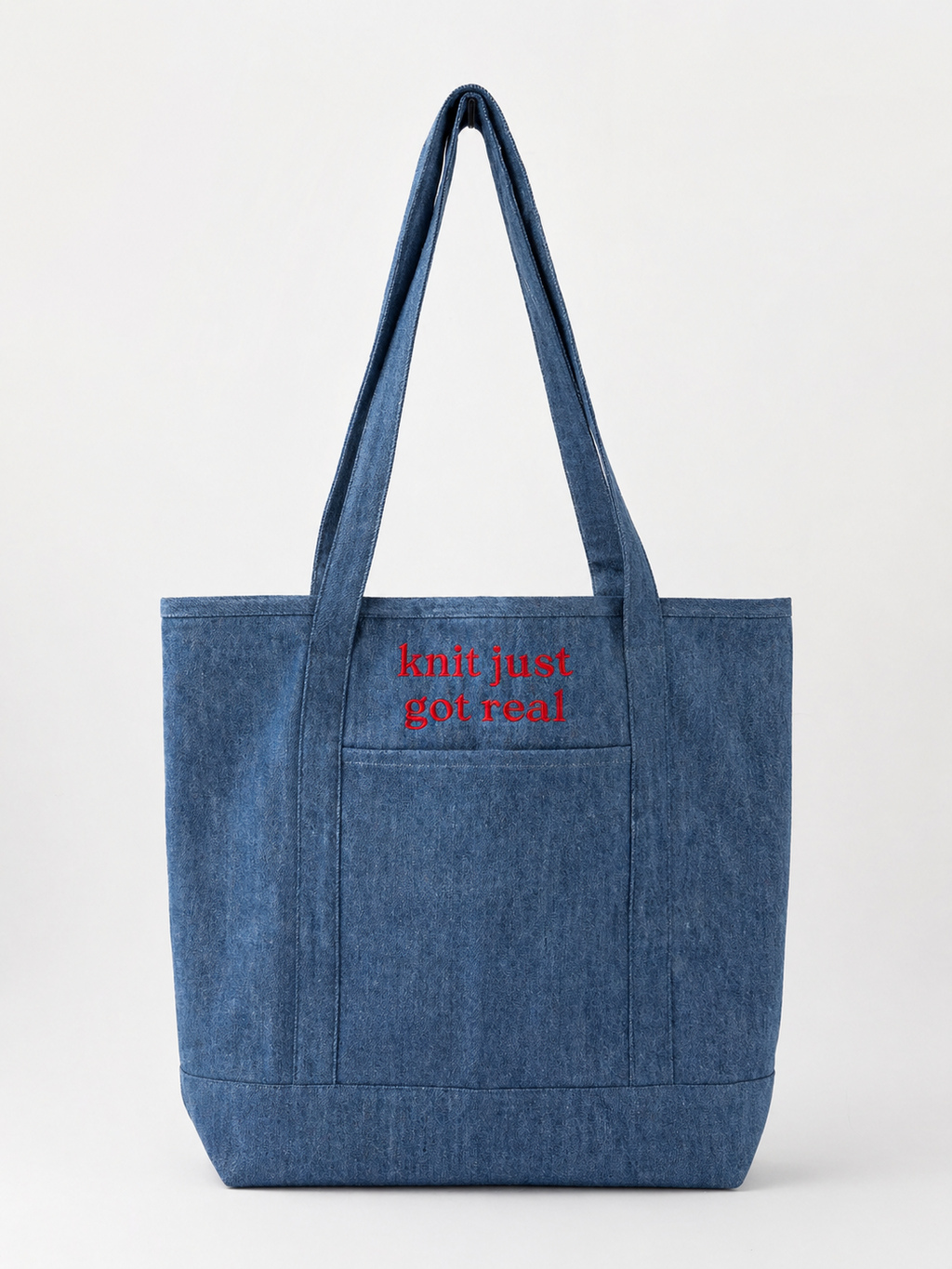 knit just got real - Denim Tote Bag with Pockets