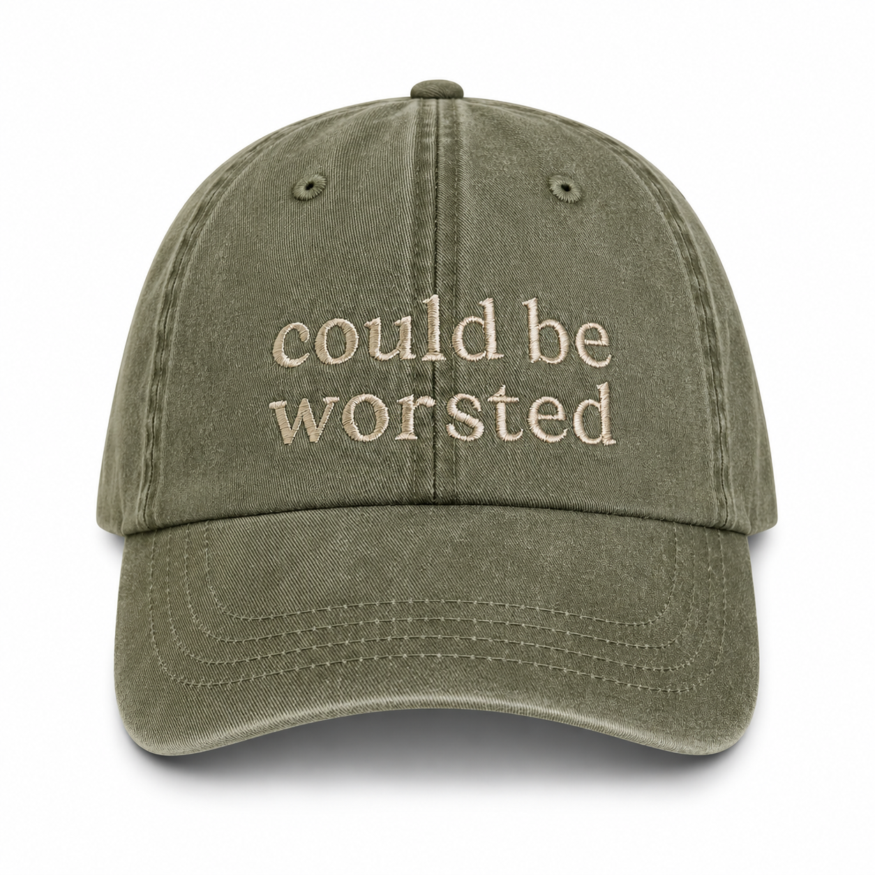 Green cap with 'could be worsted' text on a white background