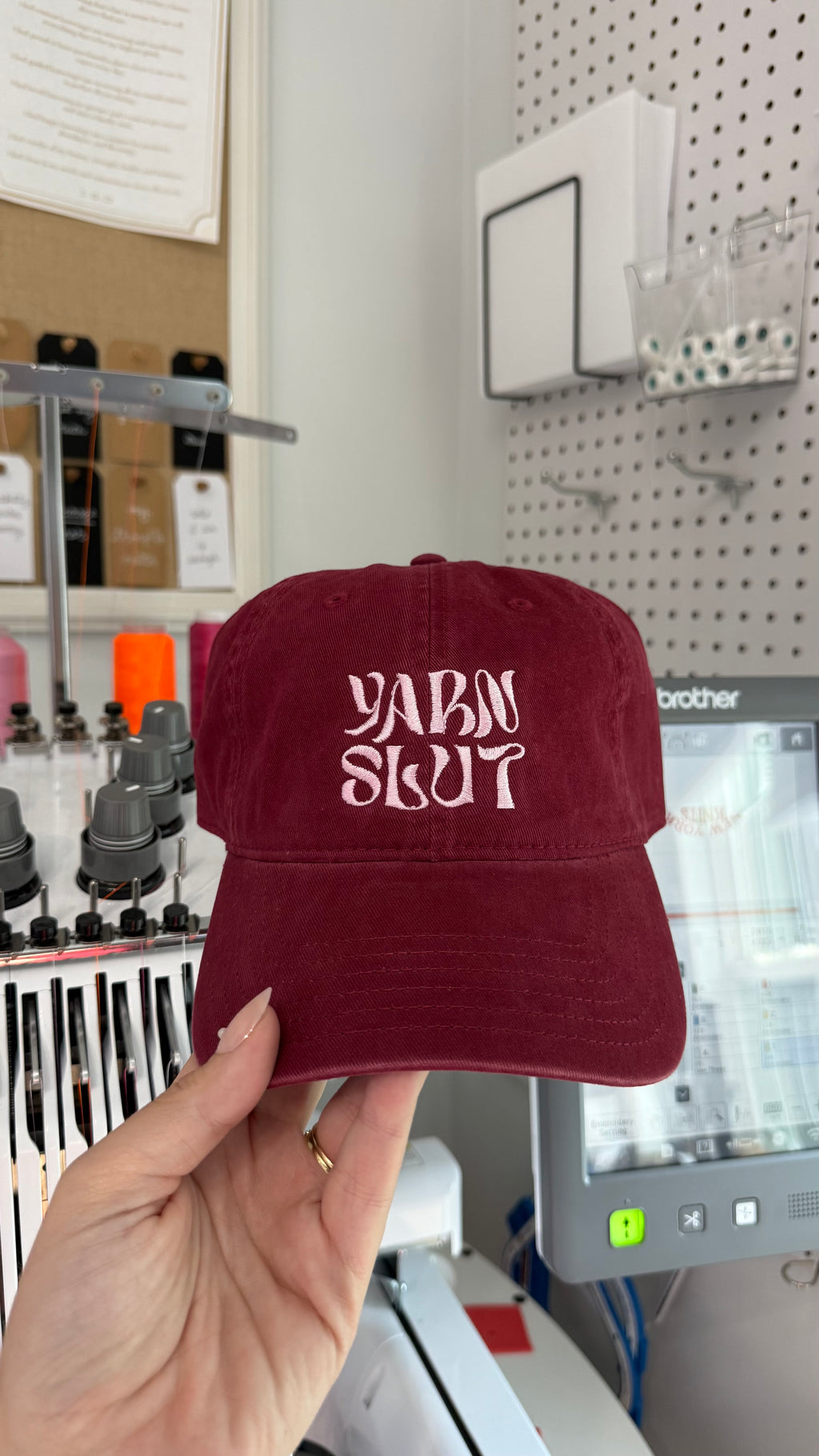 Yarn Slut – Burgundy Cotton Dad Hat – Light Pink Embroidery | Maker Favorite