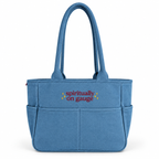 Spiritually On Gauge Light Denim TIMI Tote™ – Burgundy + Metallic Gold Embroidery