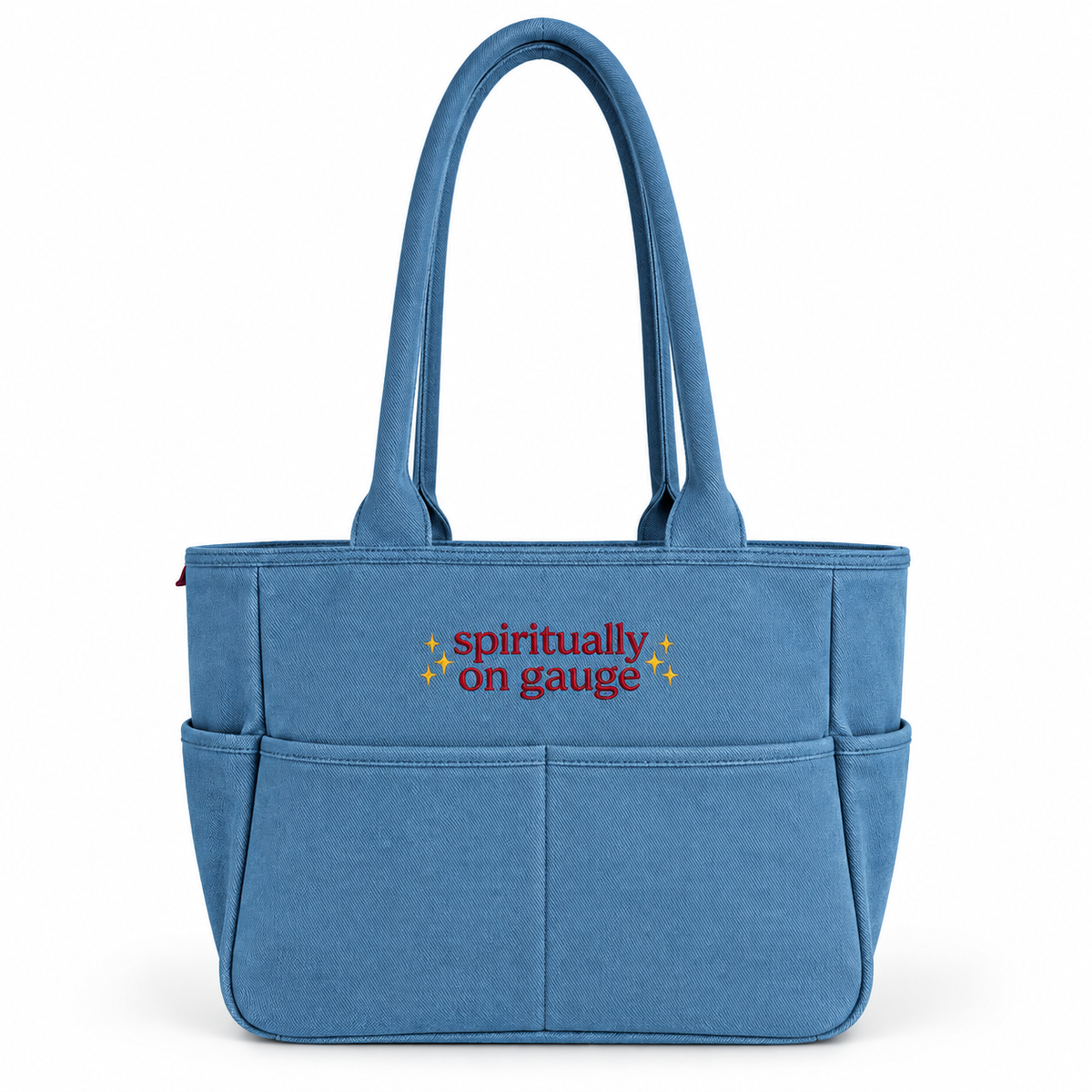 Spiritually On Gauge Light Denim TIMI Tote™ – Burgundy + Metallic Gold Embroidery