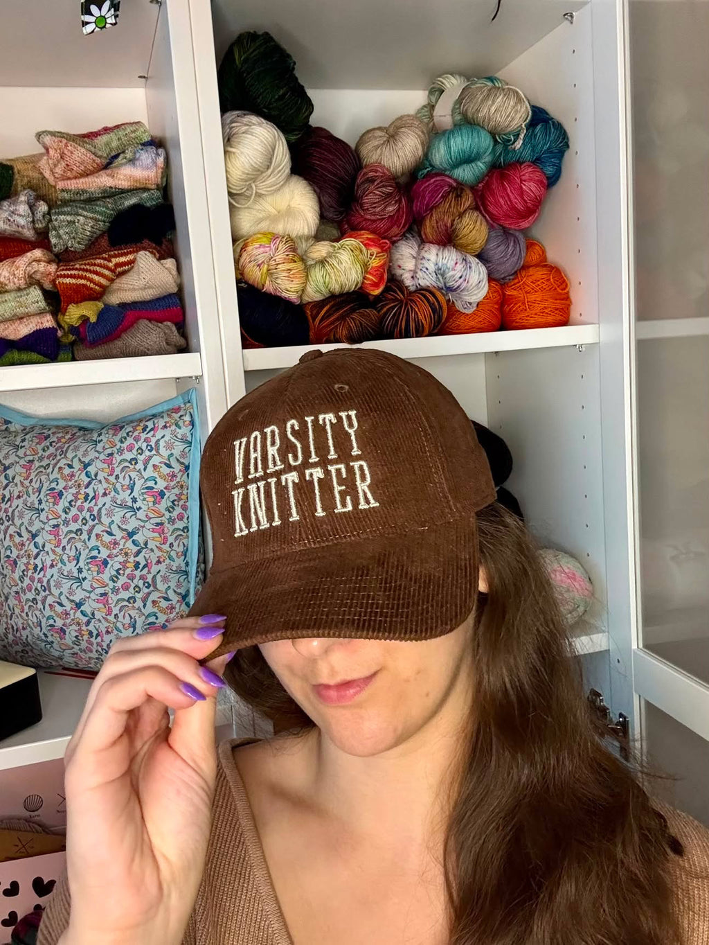 Varsity Knitter – Brown Corduroy Hat – Taupe Puff Embroidery | Maker Favorite