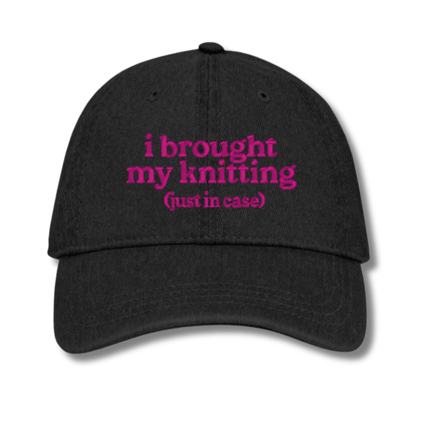 Black cap with 'resting stitch face' text in orange on a white background