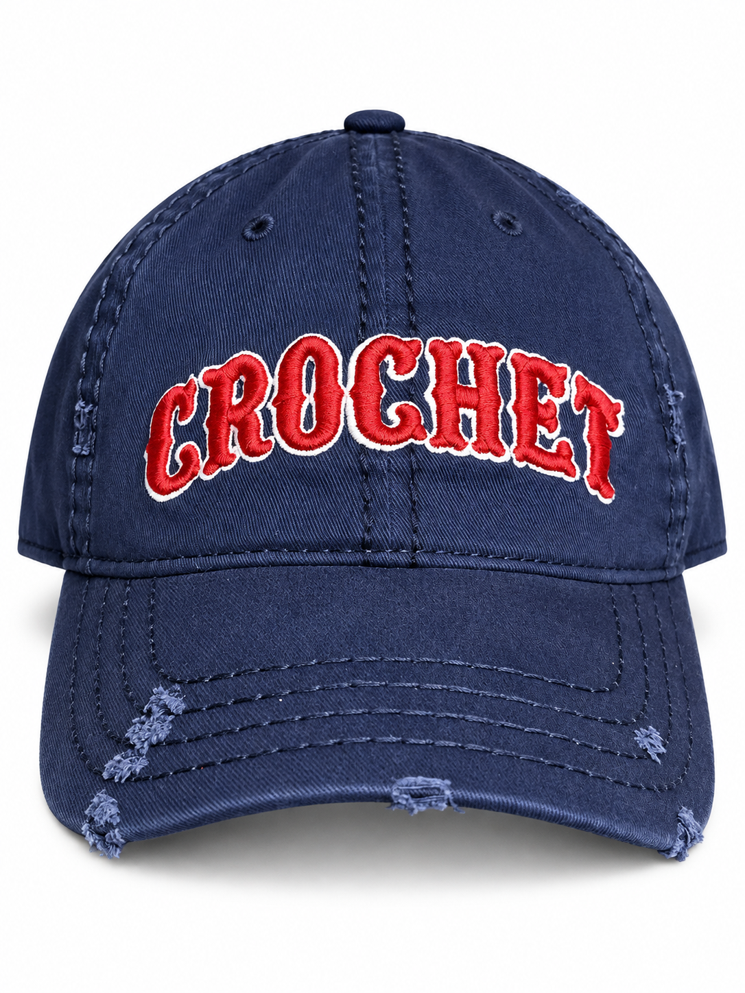 Crochet - Distressed Navy Dad Hat – Red + White 3D Puff Embroidery