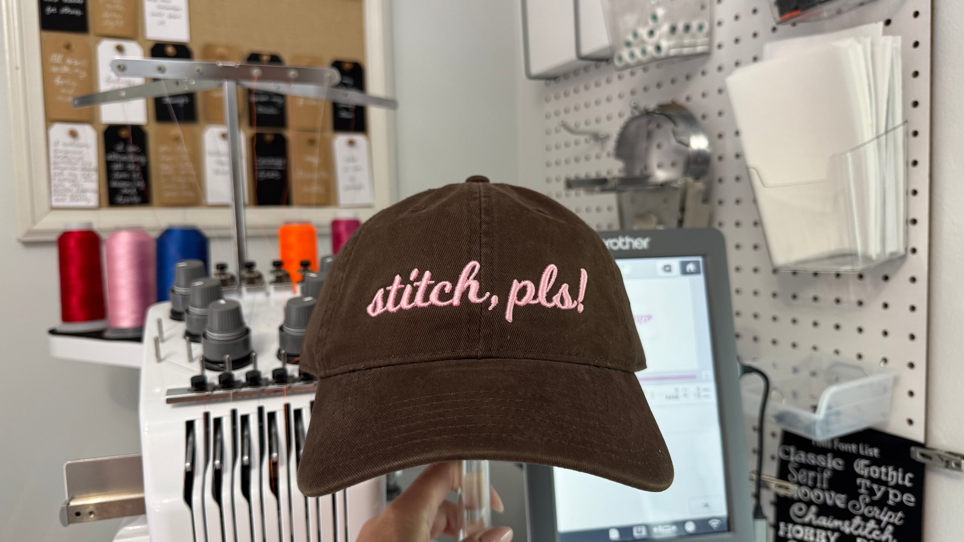 Stitch, Pls! – Dark Brown Dad Hat – Pale Pink 3D Puff Embroidery | Maker Favorite