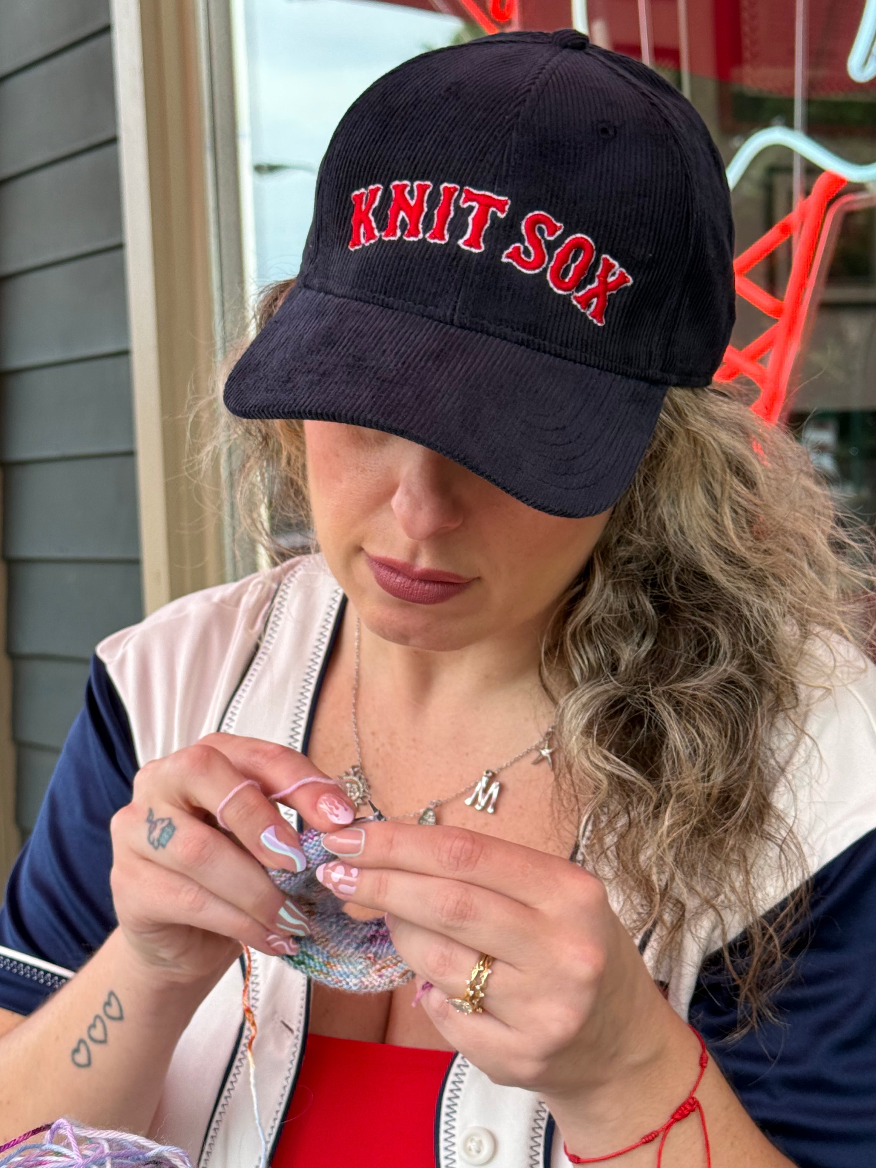 Knit Sox – Navy Corduroy Hat – Red + White Puff Embroidery | Maker Favorite