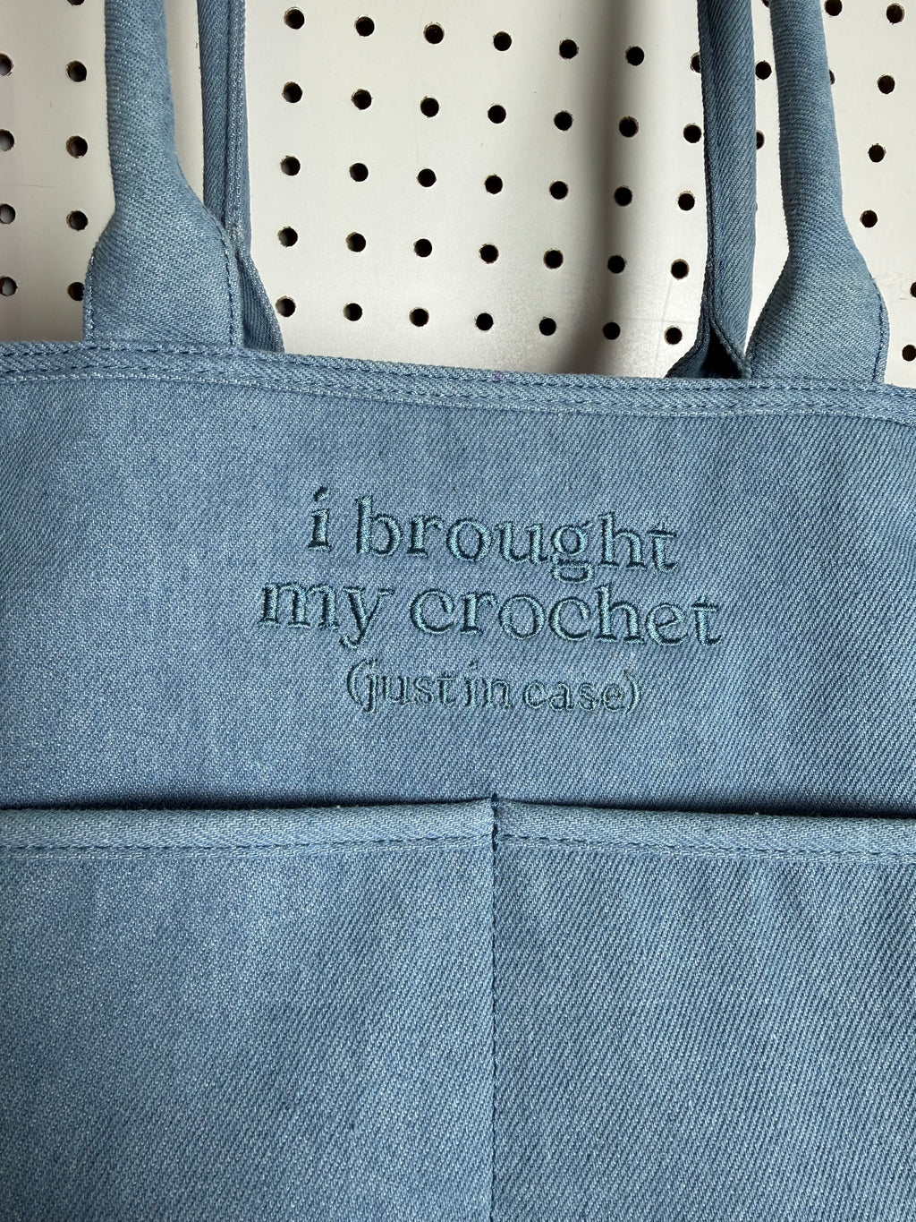 I Brought My Crochet Light Denim TIMI Tote™ – Slate Blue Embroidery
