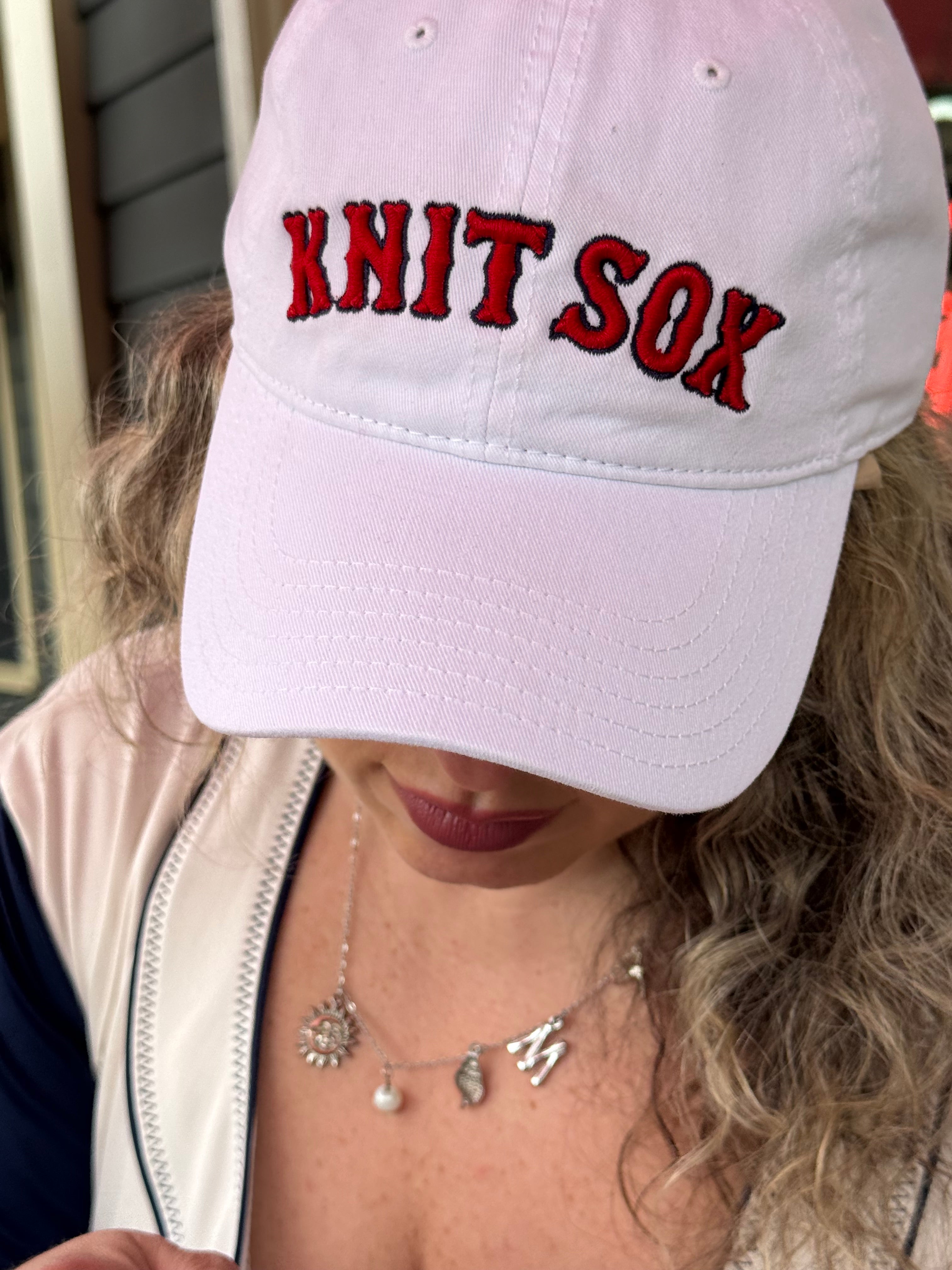 Knit Sox – White Dad Hat – Red Puff + Navy Embroidery | Maker Favorite