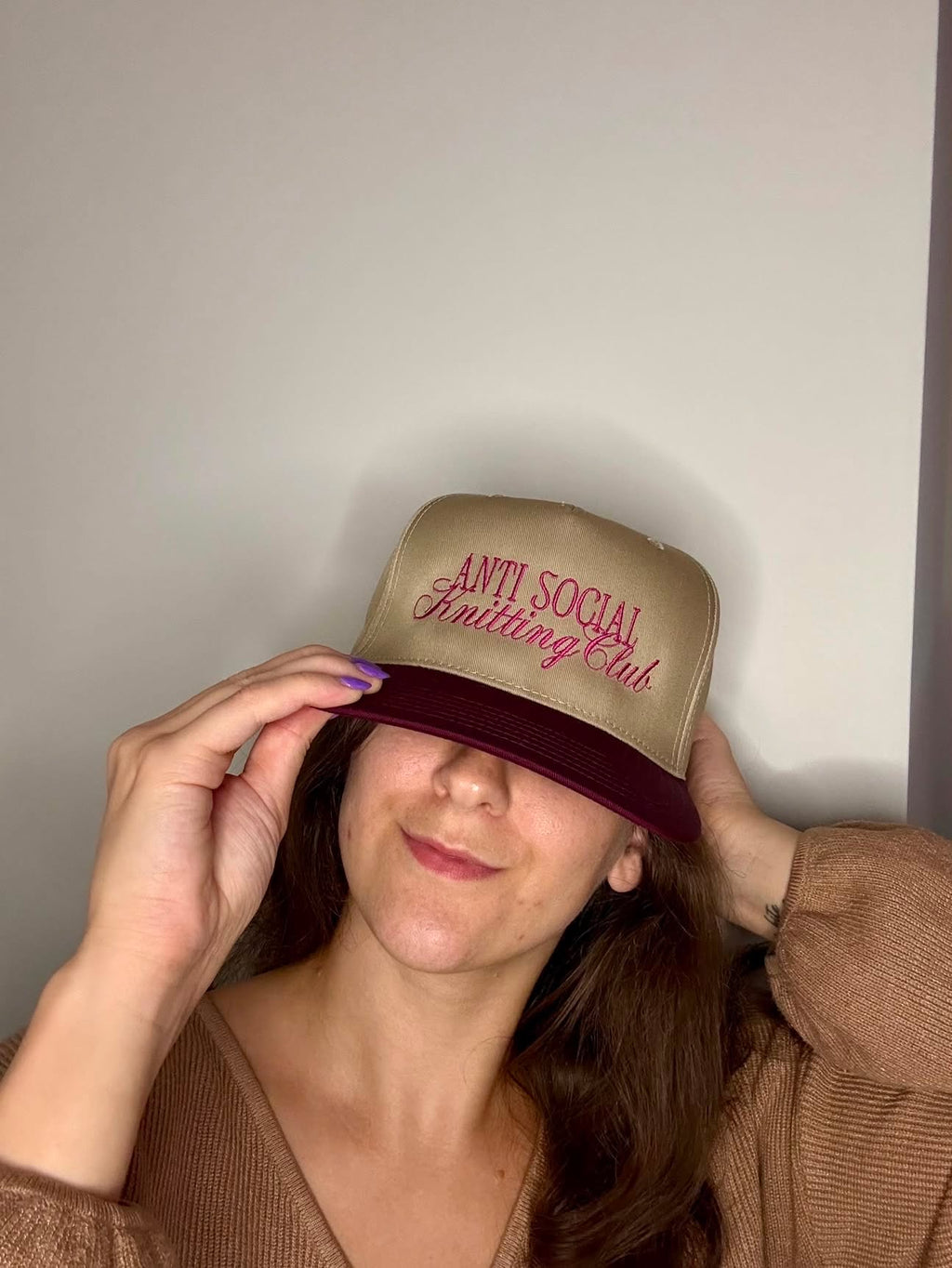 Anti Social Knitting Club – Khaki/Burgundy Structured Hat – Dark Pink Embroidery | Maker Favorite
