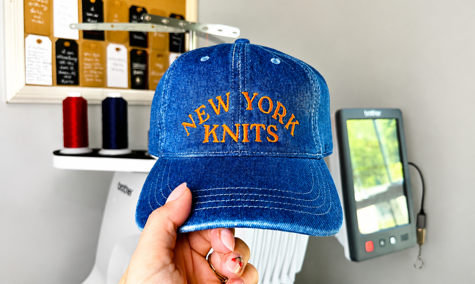 New York Knits - Medium Wash Denim Hat – Orange Embroidery | Maker Favorite