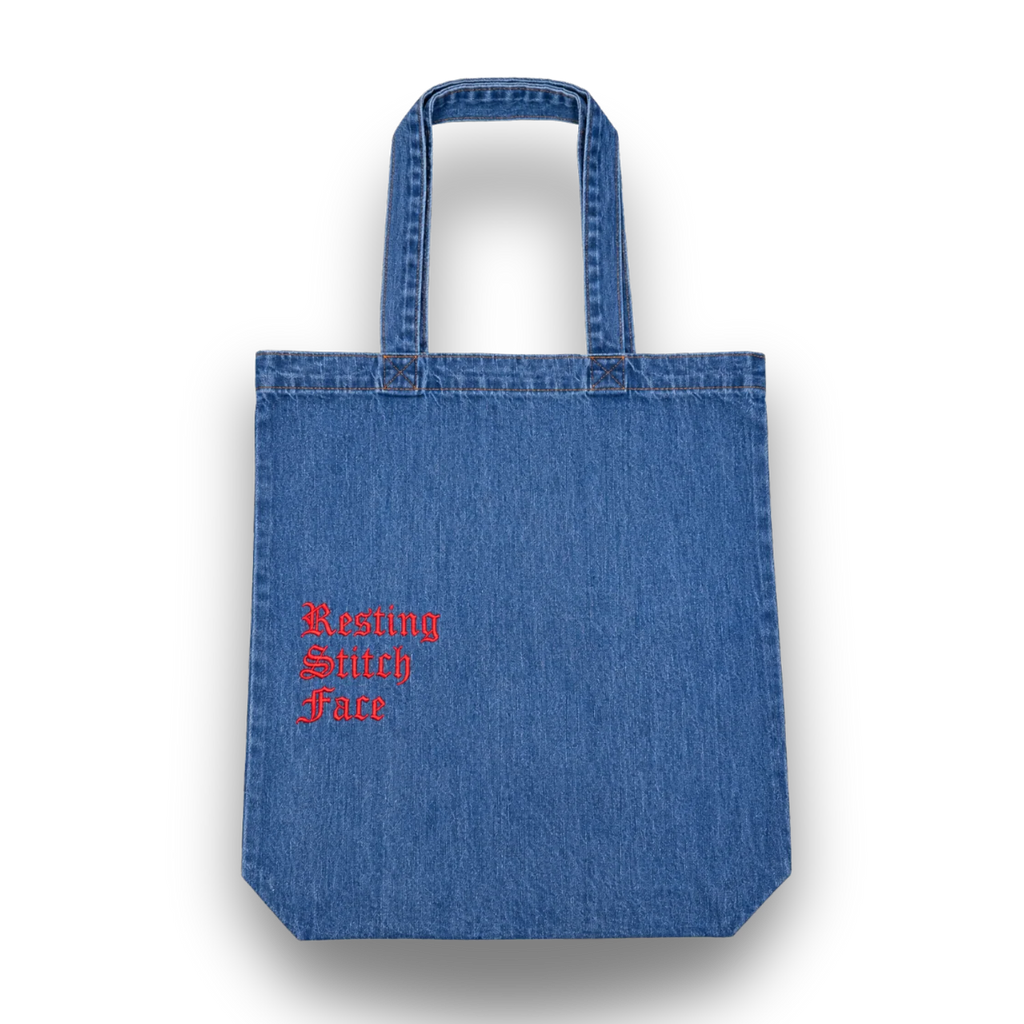 Make(r) Your Own | Medium Denim Tote Bag | Embroidered Knitting Project Tote