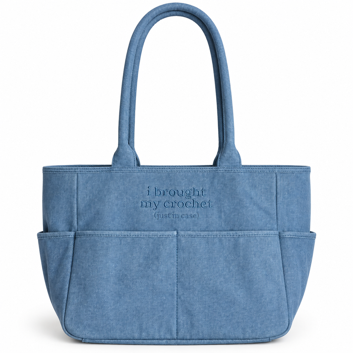 I Brought My Crochet Light Denim TIMI Tote™ – Slate Blue Embroidery