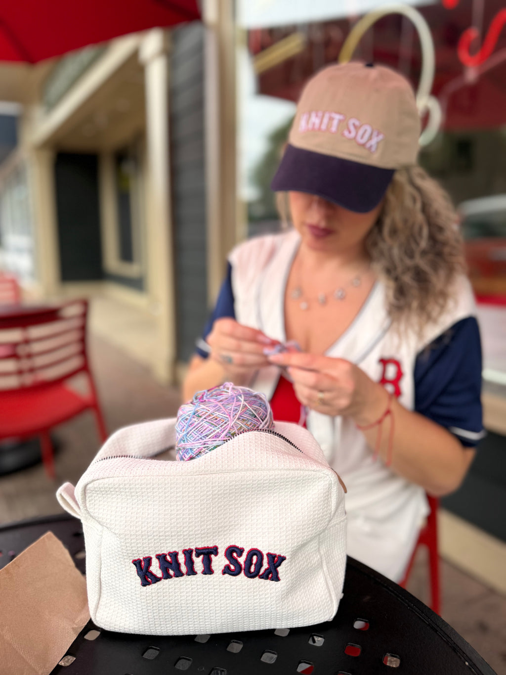 Knit Sox – Khaki & Navy Split Crown Hat – Red + White Puff Embroidery | TIMI
