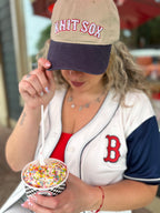 Knit Sox – Khaki & Navy Split Crown Hat – Red + White Puff Embroidery | TIMI