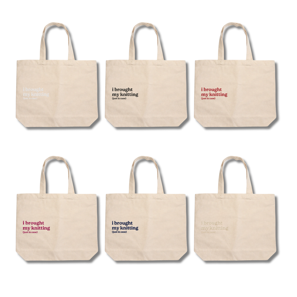Set of six beige tote bags with printed text on a white background
