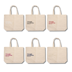 Set of six beige tote bags with printed text on a white background